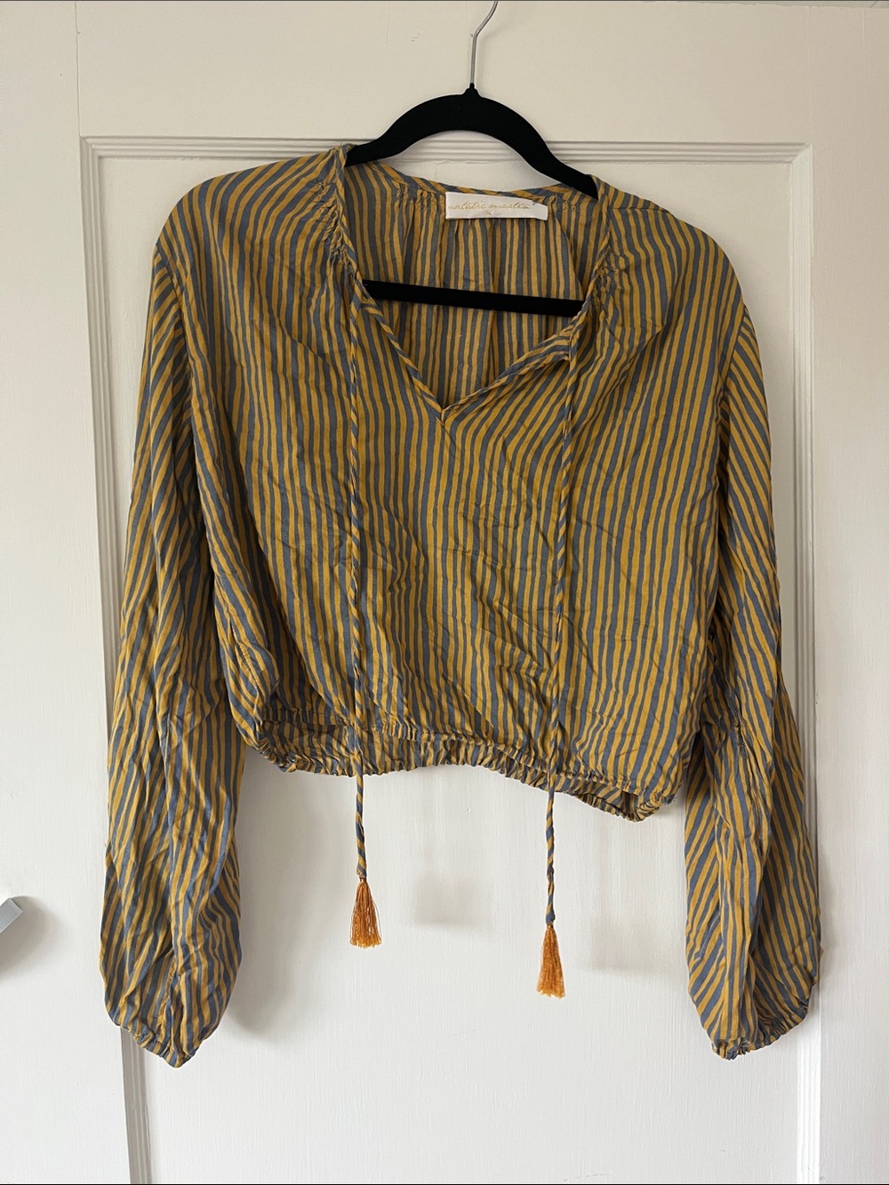Natalie Martin Mustard and Gray Striped Cropped V-Neck Blouse